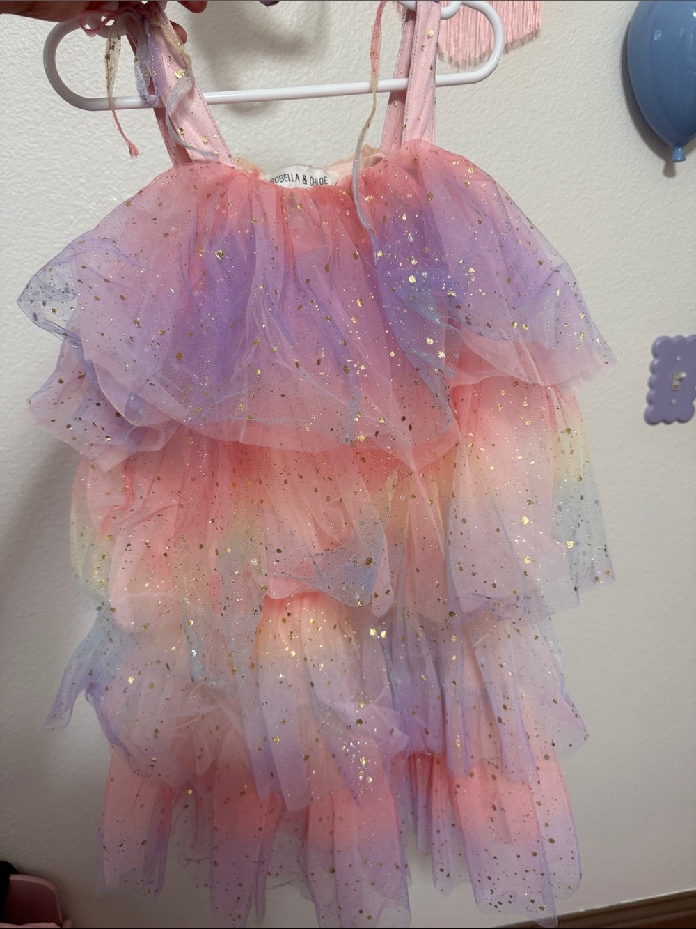 Isobella & Chloe Pink Purple Gold Sparkle Layered Tulle Dress
